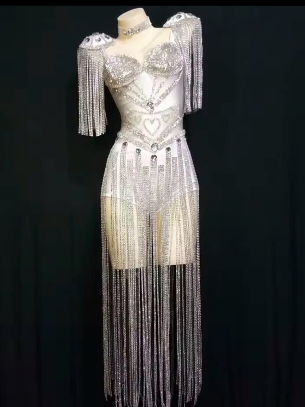 Silver Crystal Fringe Bodysuit with Shoulder Tassels
